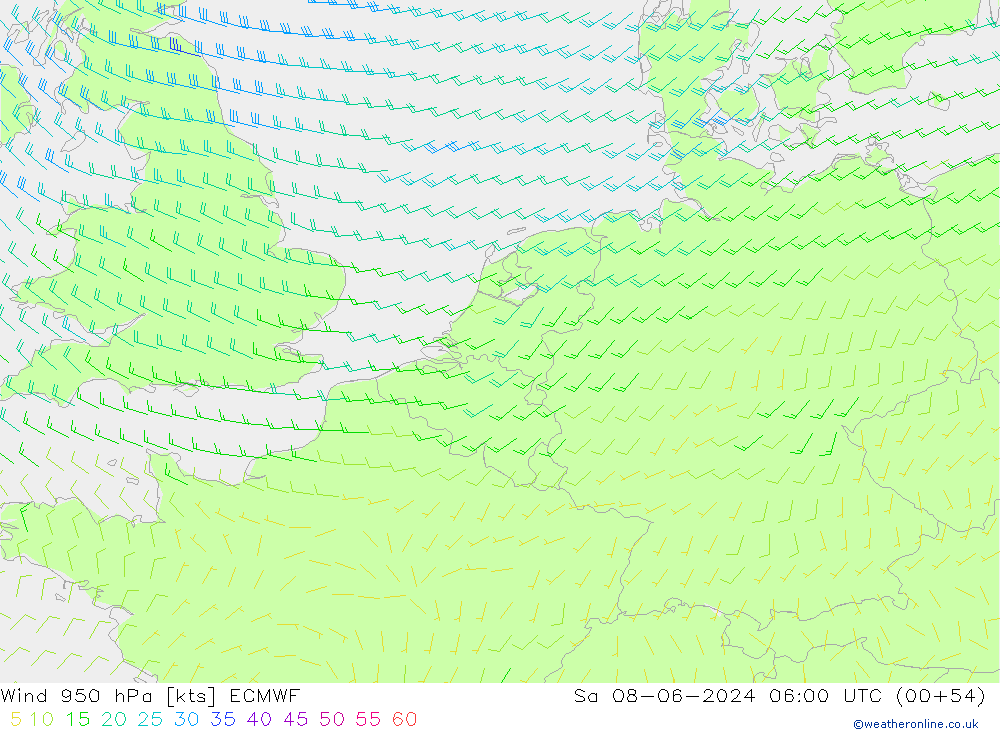 Wind 950 hPa ECMWF Sa 08.06.2024 06 UTC