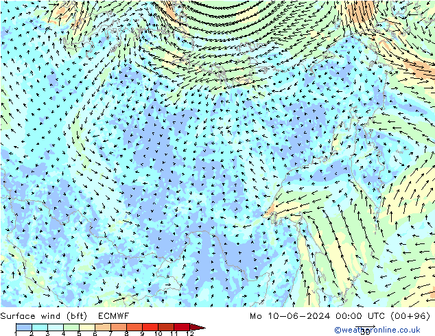 ве�Bе�@ 10 m (bft) ECMWF пн 10.06.2024 00 UTC