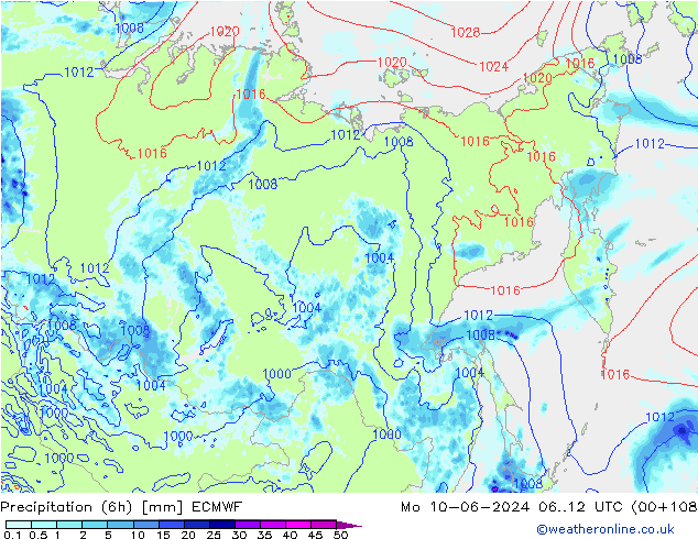 Precipitation (6h) ECMWF Mo 10.06.2024 12 UTC