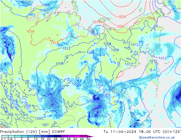 Précipitation (12h) ECMWF mar 11.06.2024 06 UTC