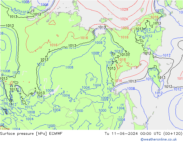 Surface pressure ECMWF Tu 11.06.2024 00 UTC