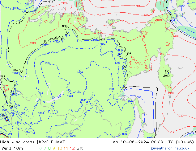 High wind areas ECMWF пн 10.06.2024 00 UTC