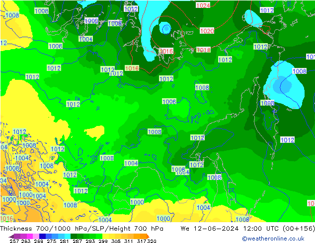 Thck 700-1000 гПа ECMWF ср 12.06.2024 12 UTC