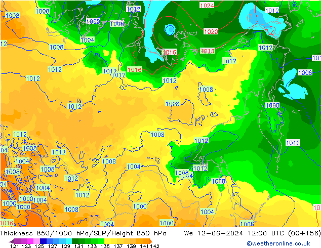 Espesor 850-1000 hPa ECMWF mié 12.06.2024 12 UTC