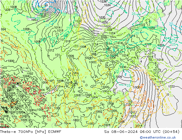 Theta-e 700hPa ECMWF so. 08.06.2024 06 UTC