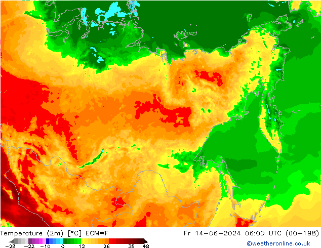 Temperature (2m) ECMWF Pá 14.06.2024 06 UTC