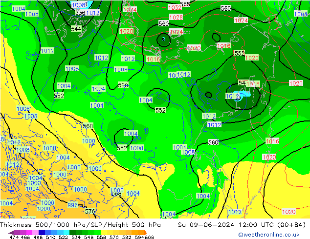 Dikte 500-1000hPa ECMWF zo 09.06.2024 12 UTC