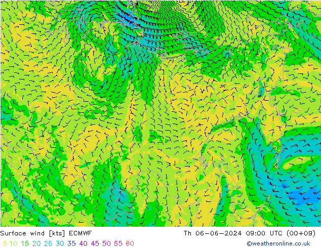 Surface wind ECMWF Čt 06.06.2024 09 UTC