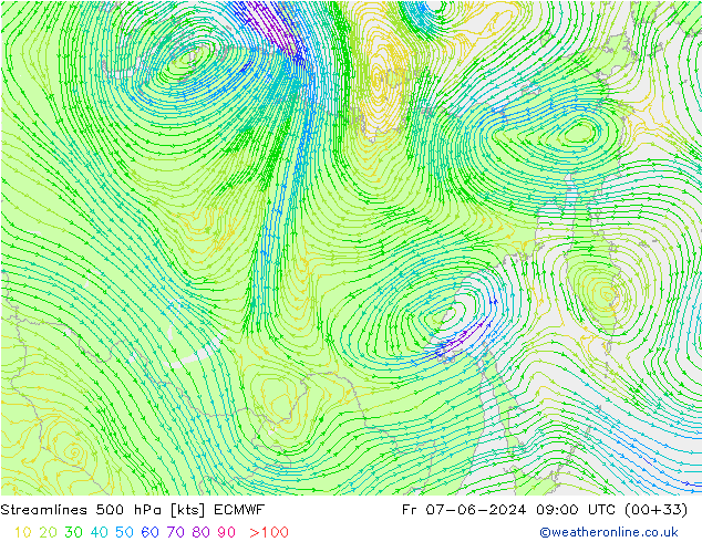 Stromlinien 500 hPa ECMWF Fr 07.06.2024 09 UTC