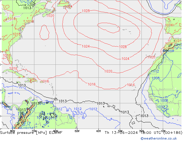 Presión superficial ECMWF jue 13.06.2024 18 UTC