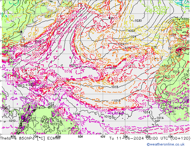 Theta-e 850hPa ECMWF Tu 11.06.2024 00 UTC