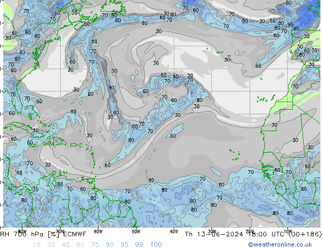 Humedad rel. 700hPa ECMWF jue 13.06.2024 18 UTC