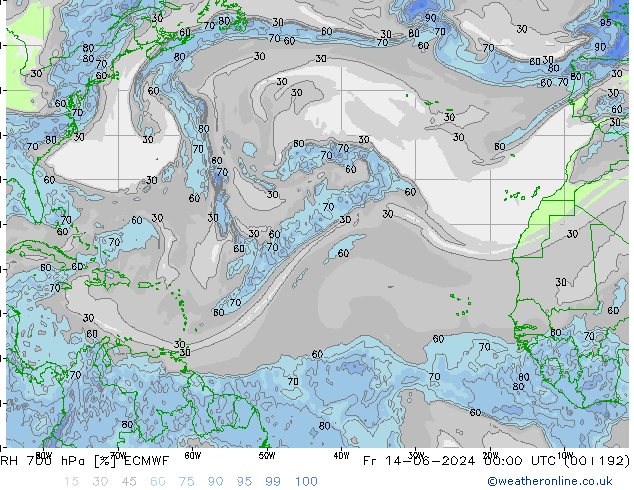 RH 700 hPa ECMWF Sex 14.06.2024 00 UTC