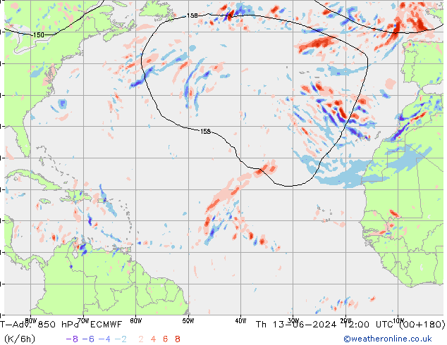 T-Adv. 850 hPa ECMWF Qui 13.06.2024 12 UTC