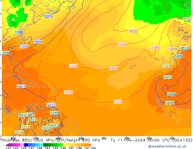 Espesor 850-1000 hPa ECMWF mar 11.06.2024 00 UTC