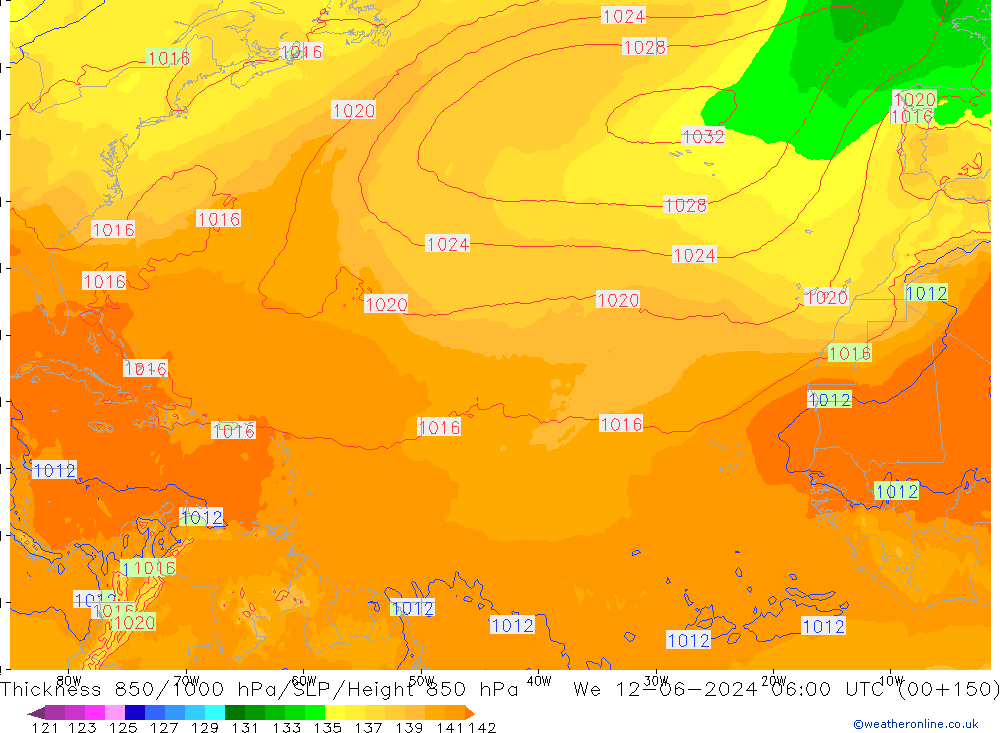 Dikte 850-1000 hPa ECMWF wo 12.06.2024 06 UTC