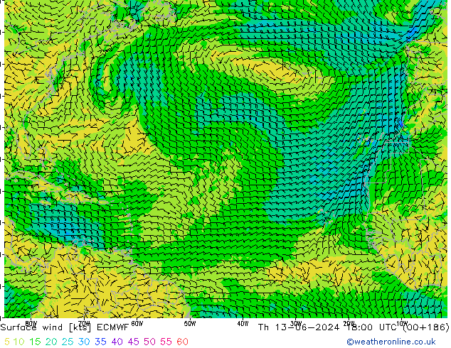 Vent 10 m ECMWF jeu 13.06.2024 18 UTC