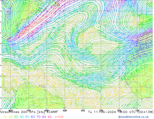 Stroomlijn 200 hPa ECMWF di 11.06.2024 18 UTC