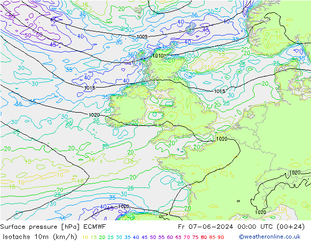 Isotachs (kph) ECMWF ven 07.06.2024 00 UTC