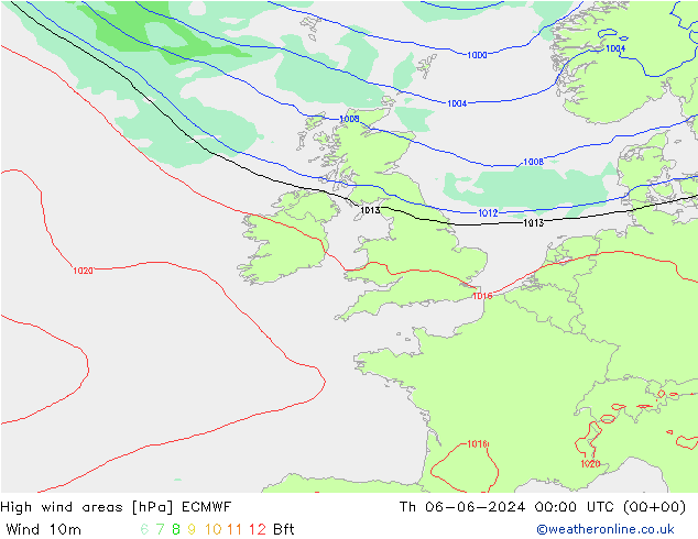 High wind areas ECMWF Čt 06.06.2024 00 UTC