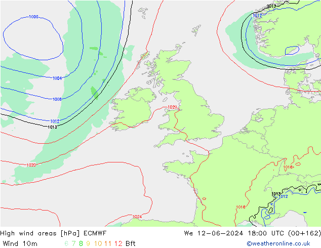 High wind areas ECMWF We 12.06.2024 18 UTC