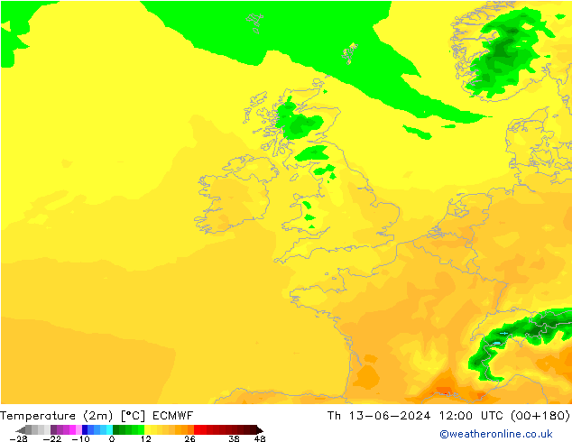 Temperature (2m) ECMWF Th 13.06.2024 12 UTC