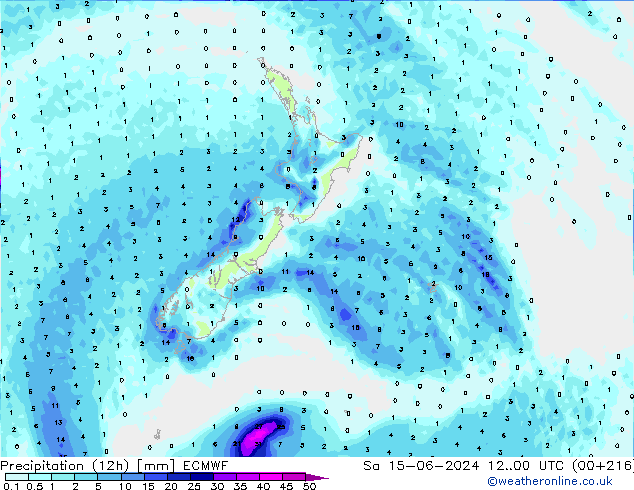 Totale neerslag (12h) ECMWF za 15.06.2024 00 UTC