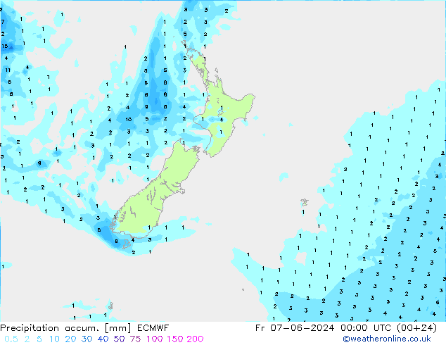 Precipitation accum. ECMWF Pá 07.06.2024 00 UTC