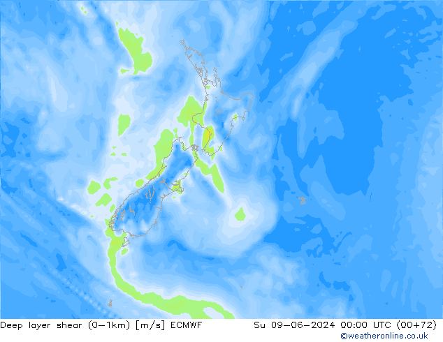 Deep layer shear (0-1km) ECMWF zo 09.06.2024 00 UTC