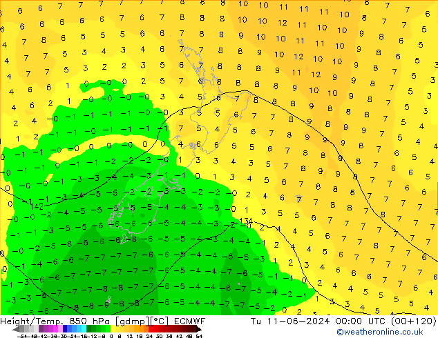 Z500/Rain (+SLP)/Z850 ECMWF Út 11.06.2024 00 UTC