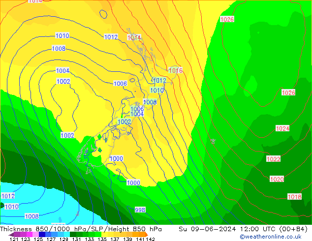 Dikte 850-1000 hPa ECMWF zo 09.06.2024 12 UTC