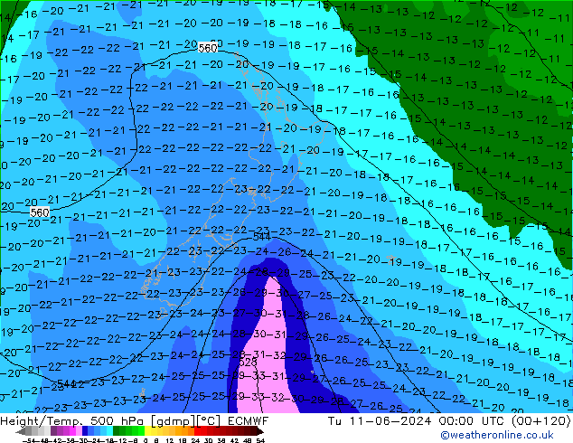 Z500/Rain (+SLP)/Z850 ECMWF Út 11.06.2024 00 UTC