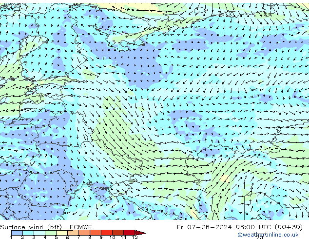 Surface wind (bft) ECMWF Fr 07.06.2024 06 UTC