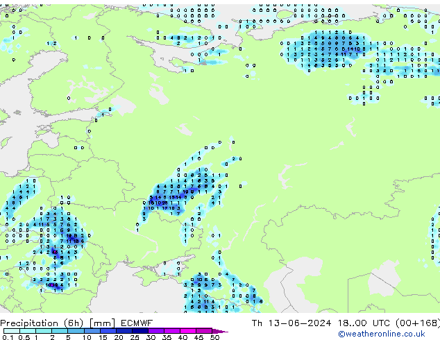 Precipitação (6h) ECMWF Qui 13.06.2024 00 UTC