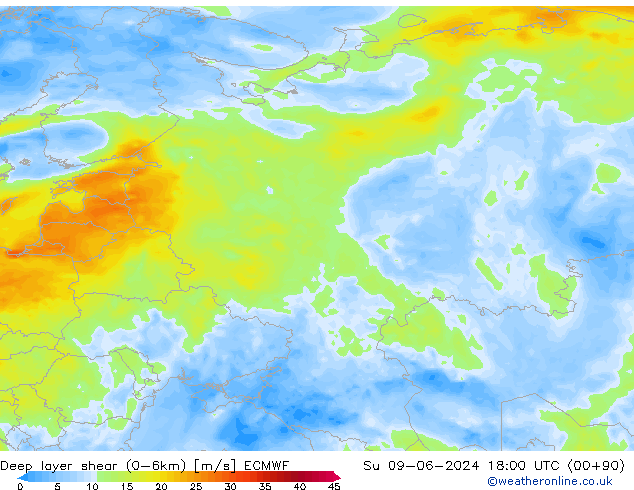 Deep layer shear (0-6km) ECMWF Вс 09.06.2024 18 UTC