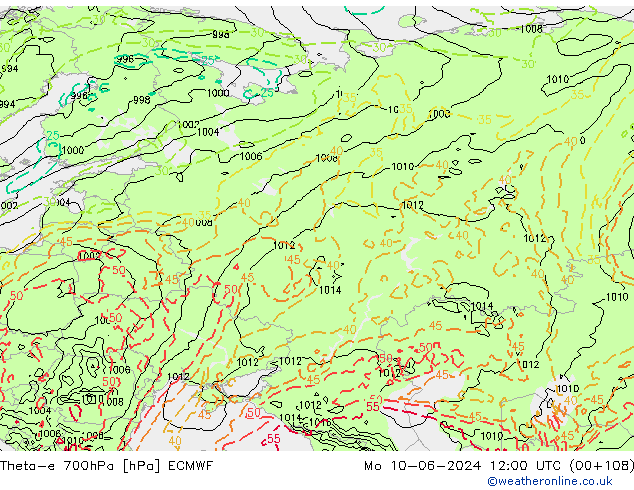 Theta-e 700hPa ECMWF Pzt 10.06.2024 12 UTC