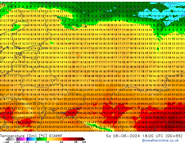 Temperatuurkaart (2m) ECMWF za 08.06.2024 18 UTC