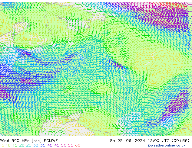 Vento 500 hPa ECMWF sab 08.06.2024 18 UTC