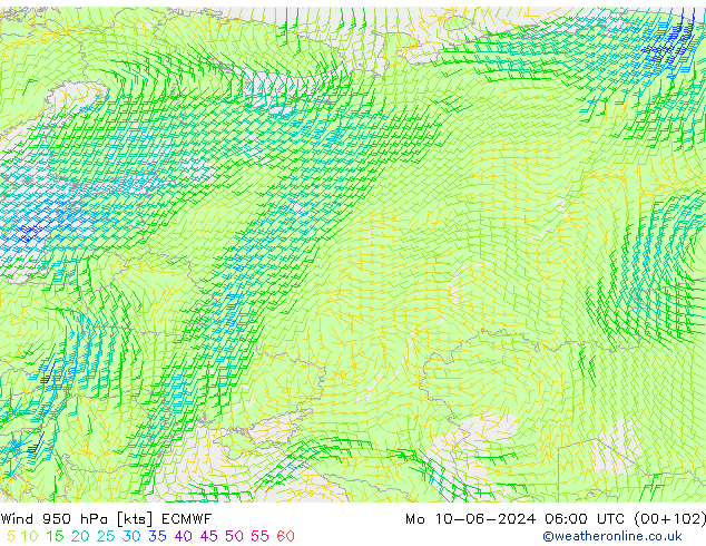 Vento 950 hPa ECMWF lun 10.06.2024 06 UTC