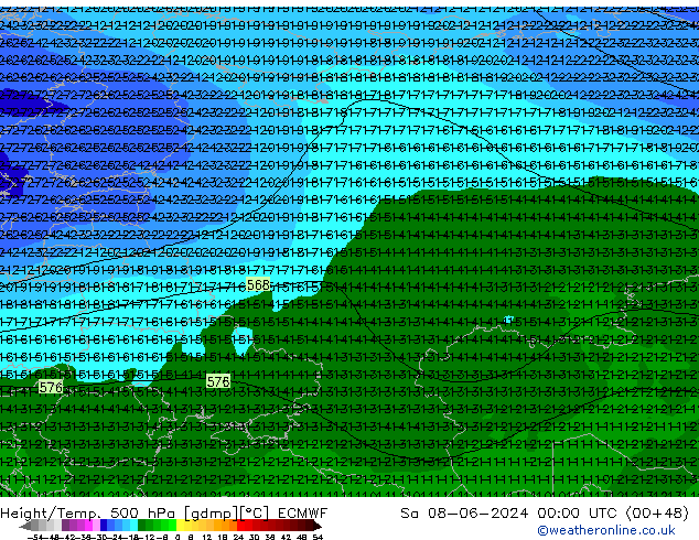 Hoogte/Temp. 500 hPa ECMWF za 08.06.2024 00 UTC