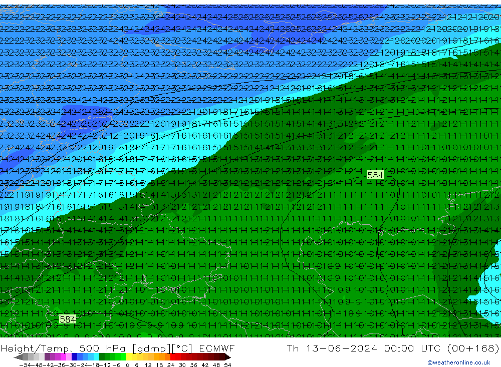 Z500/Rain (+SLP)/Z850 ECMWF Th 13.06.2024 00 UTC