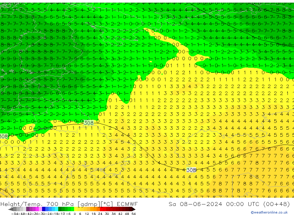 Hoogte/Temp. 700 hPa ECMWF za 08.06.2024 00 UTC