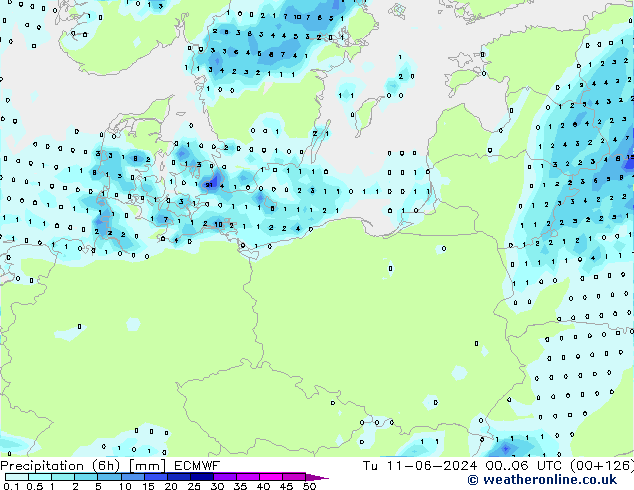 Précipitation (6h) ECMWF mar 11.06.2024 06 UTC