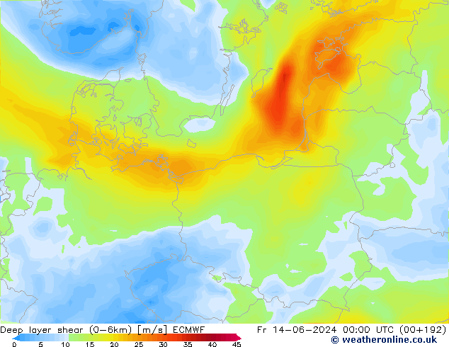 Deep layer shear (0-6km) ECMWF Cu 14.06.2024 00 UTC