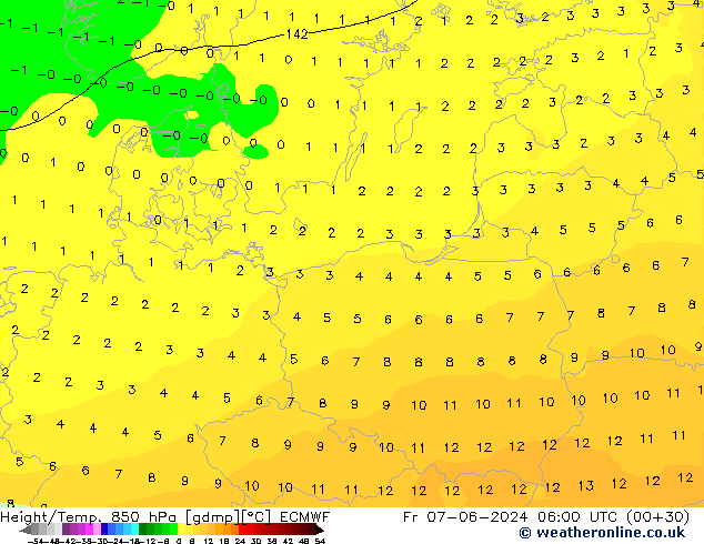 Hoogte/Temp. 850 hPa ECMWF vr 07.06.2024 06 UTC