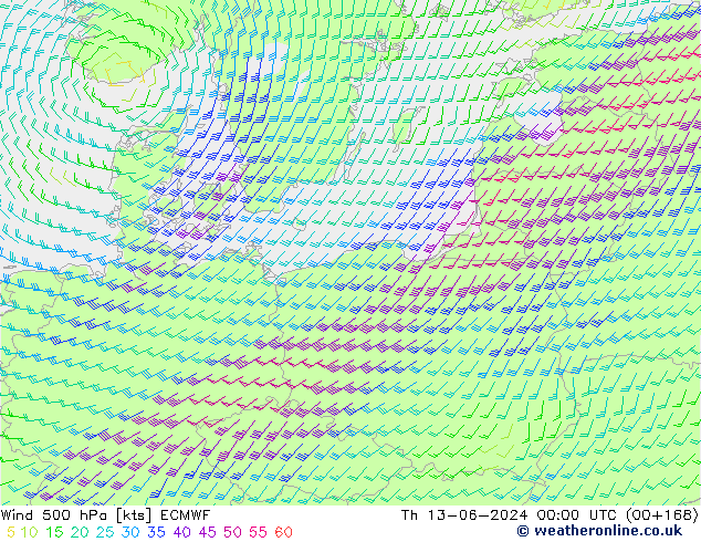 Wind 500 hPa ECMWF Čt 13.06.2024 00 UTC