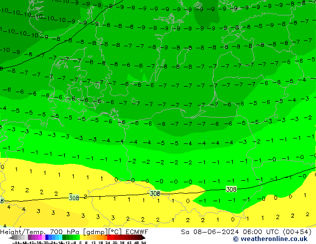 Hoogte/Temp. 700 hPa ECMWF za 08.06.2024 06 UTC