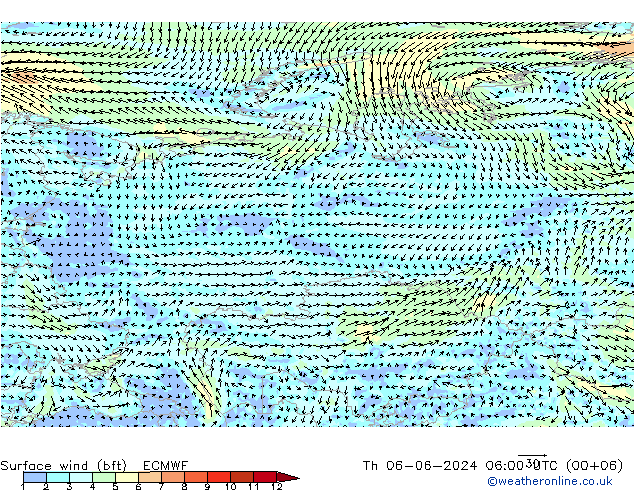 Rüzgar 10 m (bft) ECMWF Per 06.06.2024 06 UTC