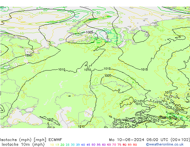Isotachs (mph) ECMWF Mo 10.06.2024 06 UTC