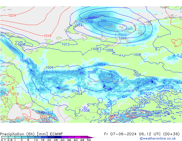 Z500/Rain (+SLP)/Z850 ECMWF Fr 07.06.2024 12 UTC